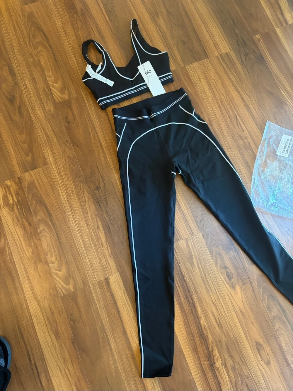 ALO Yoga Black Leggings and Matching Sports Bra Set with White Piping